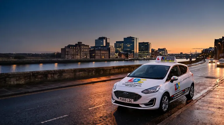 An LDC Driving School tuition car parked by the river at dusk